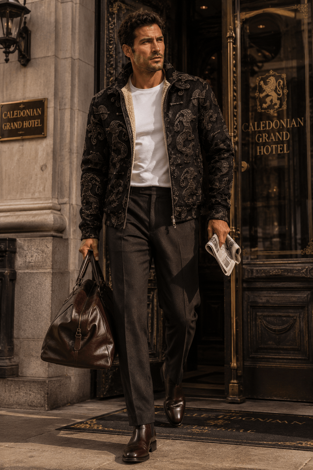 Dark Academia Pictish Emblem Mens Fleece Jacket with Elegant Evening Outfit Style