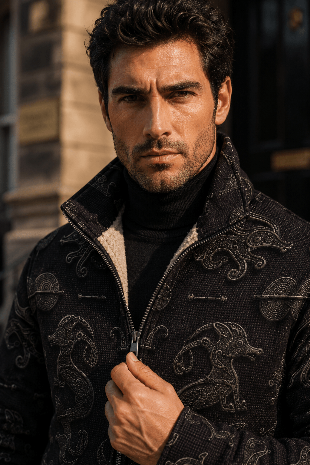 Dark Academia Pictish Emblem mens fleece jacket with elegant evening outfit style