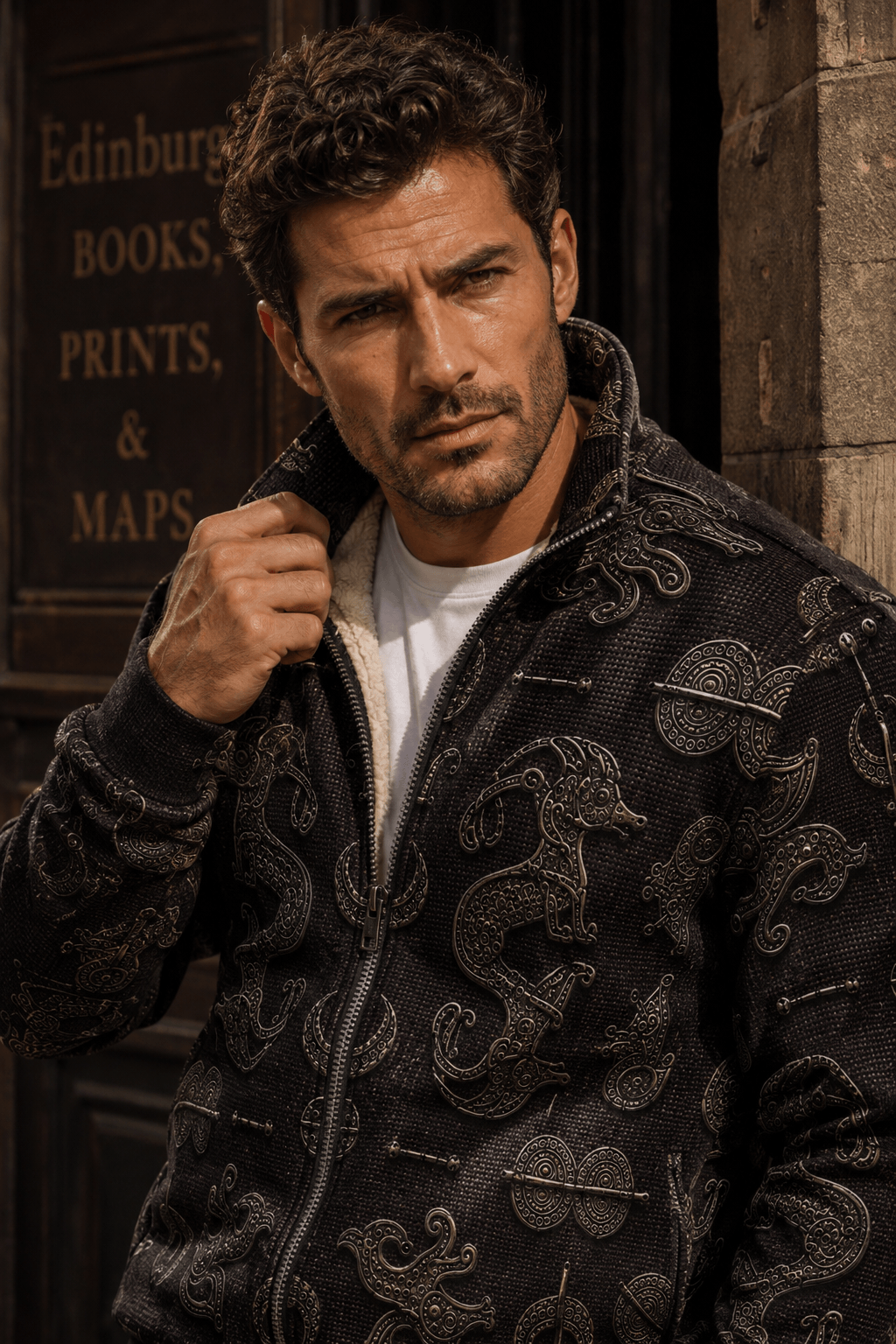 Dark Academia Pictish Emblem mens fleece jacket with intricate patterns for elegant evening outfit