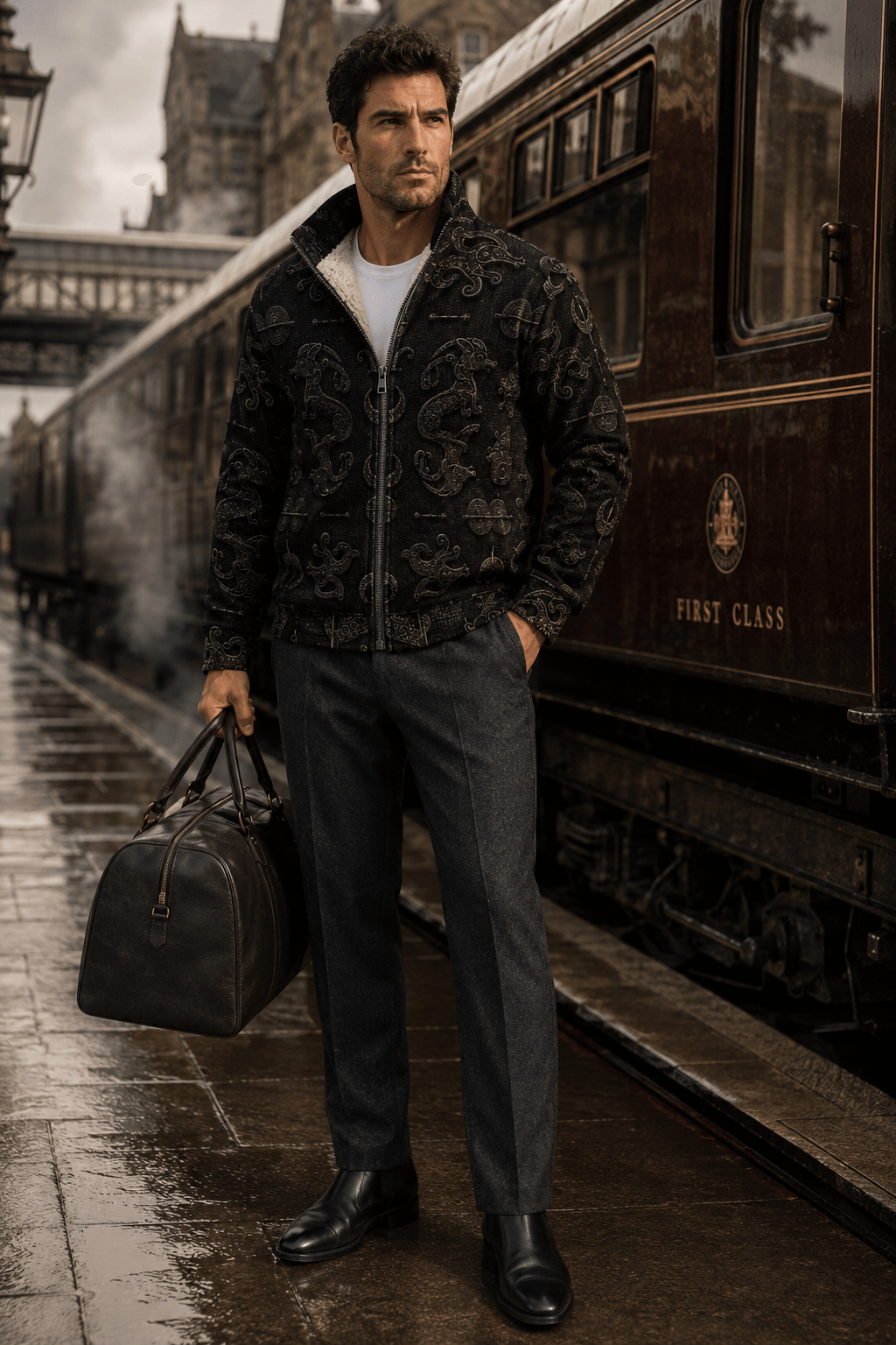 Dark Academia Pictish Emblem Mens Fleece Jacket with Elegant Evening Outfit and Accessories