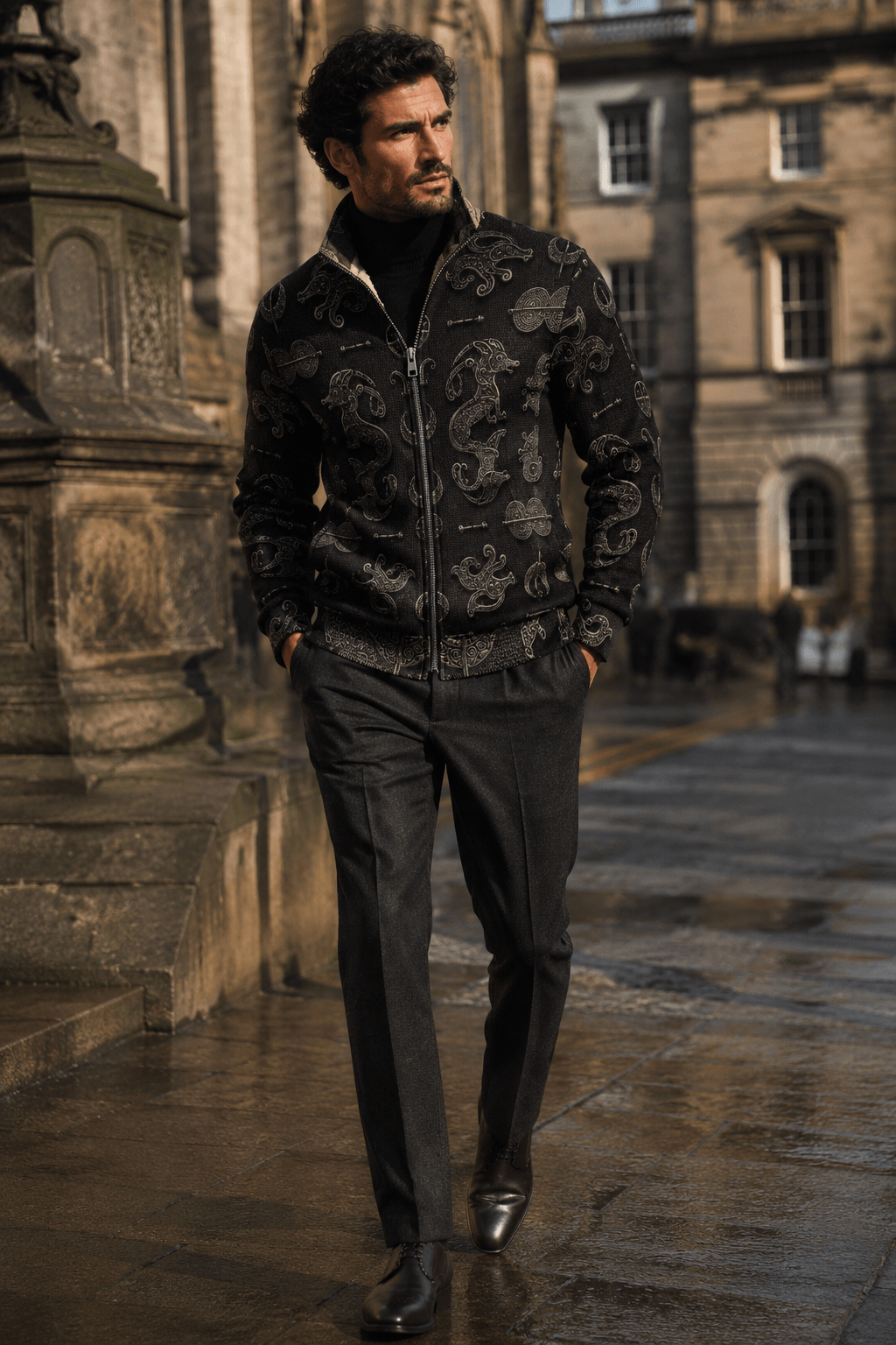 Dark Academia Pictish Emblem Mens Fleece Jacket with Elegant Evening Outfit