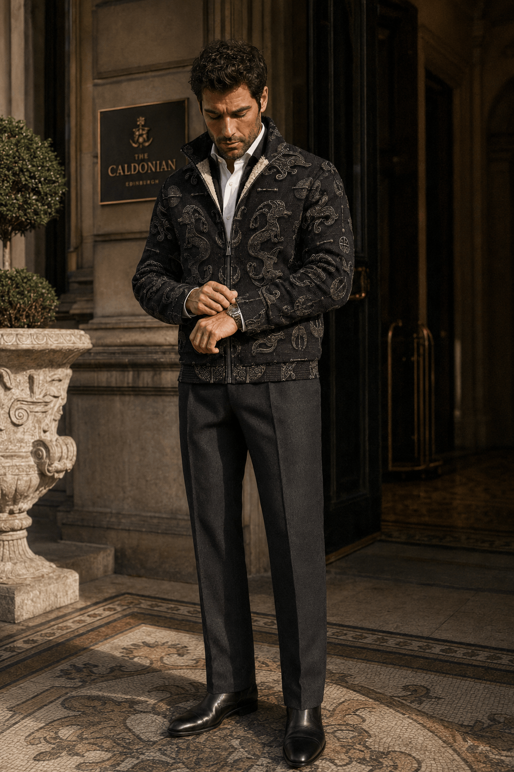 Dark Academia Pictish Emblem Mens Fleece Jacket Elegant Evening Outfit Stylish