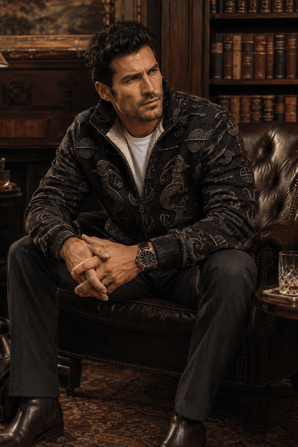 Dark Academia Pictish Emblem mens fleece jacket in elegant evening outfit with stylish details