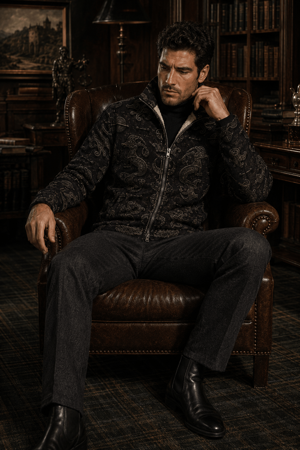 Dark Academia Pictish Emblem Mens Fleece Jacket Elegant Evening Outfit Stylish Warm