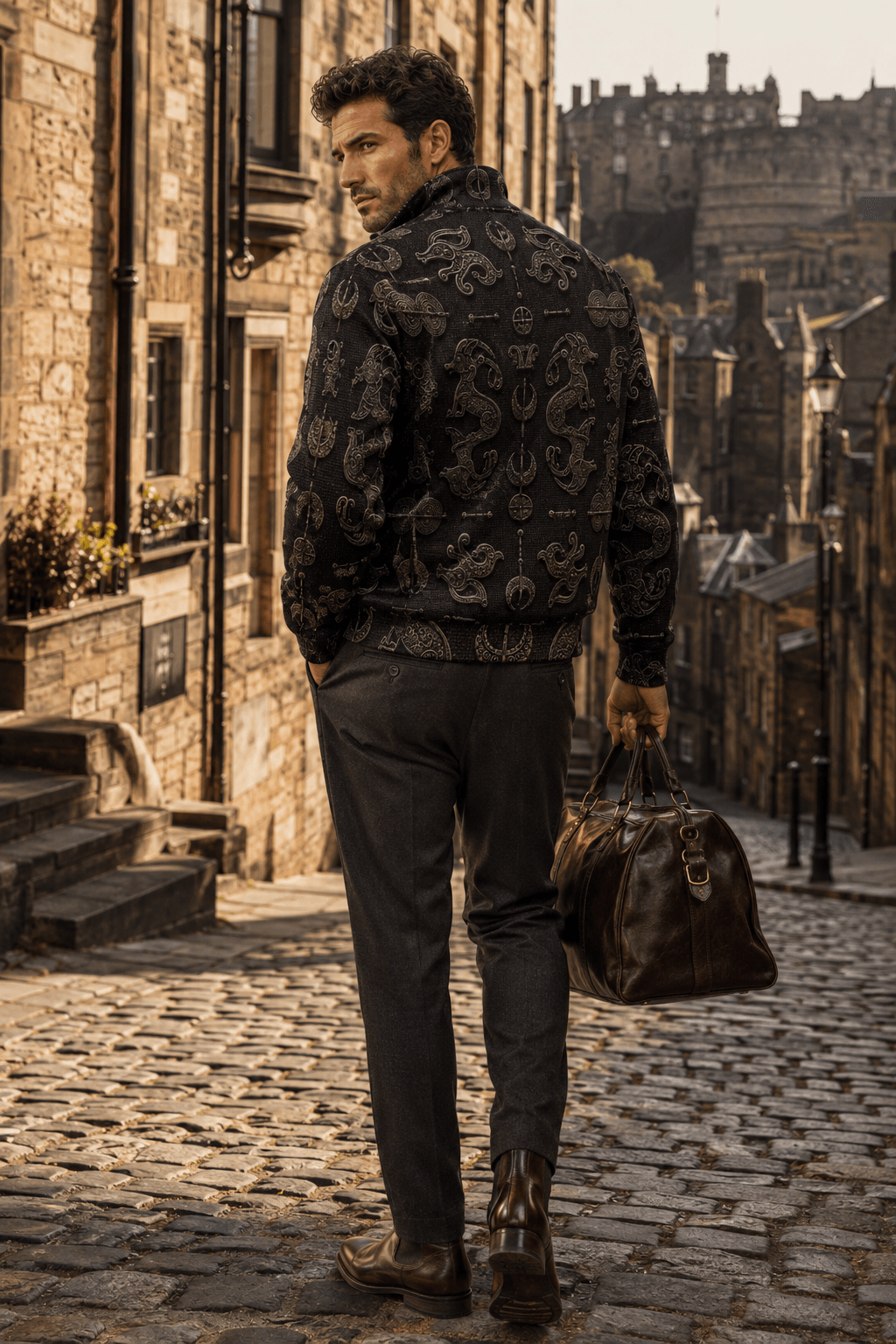 Dark Academia Pictish Emblem mens fleece jacket elegant evening outfit with stylish details