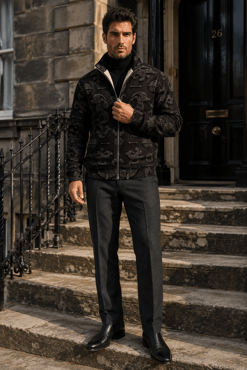 Dark Academia Pictish Emblem mens fleece jacket with elegant evening outfit for stylish look