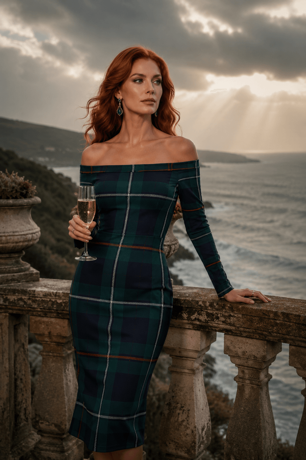 MacKenzie clan tartan wrap dress Elegant Evening Outfit with Off Shoulder Design