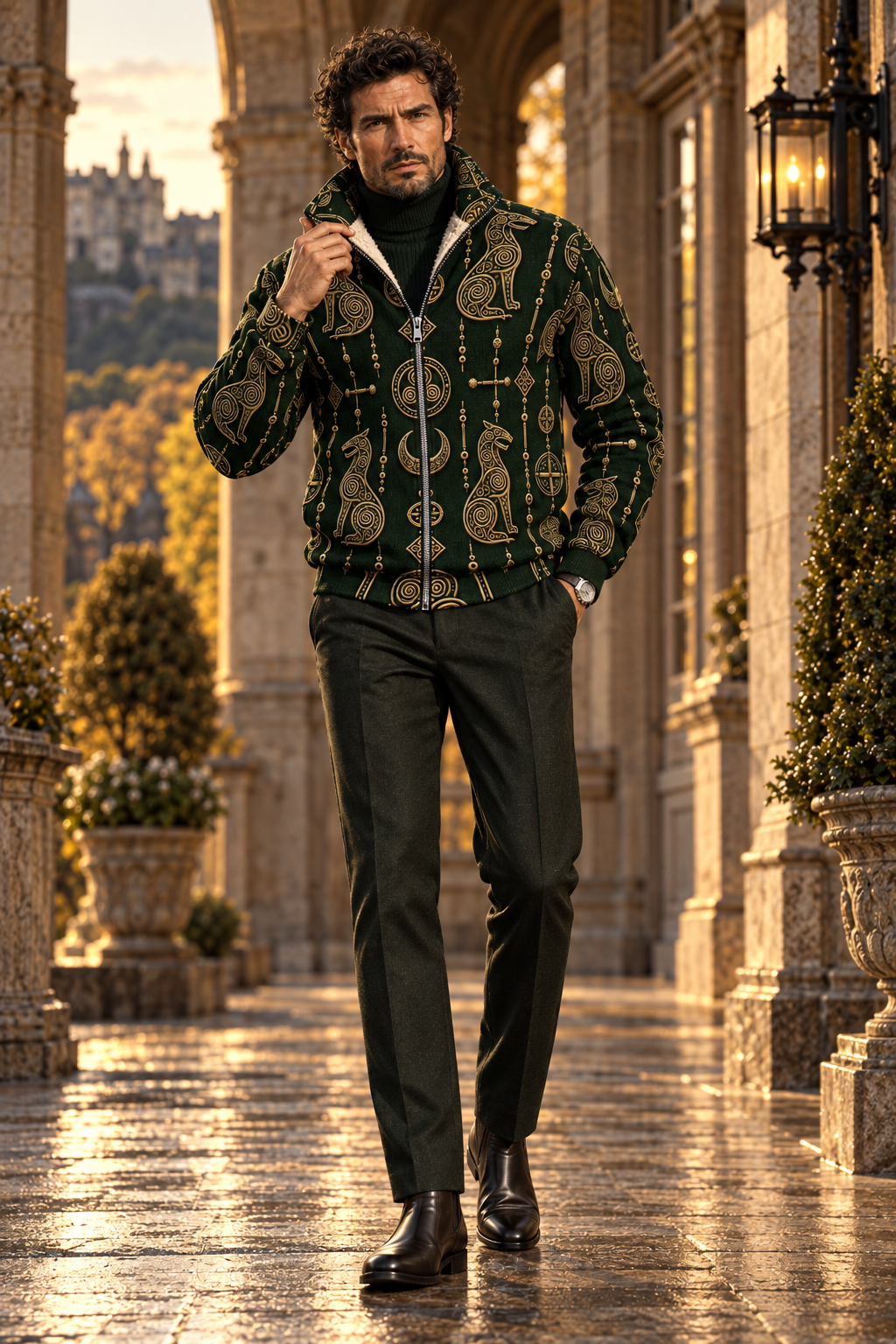 Dark green Pictish zip-up fleece jacket for men.