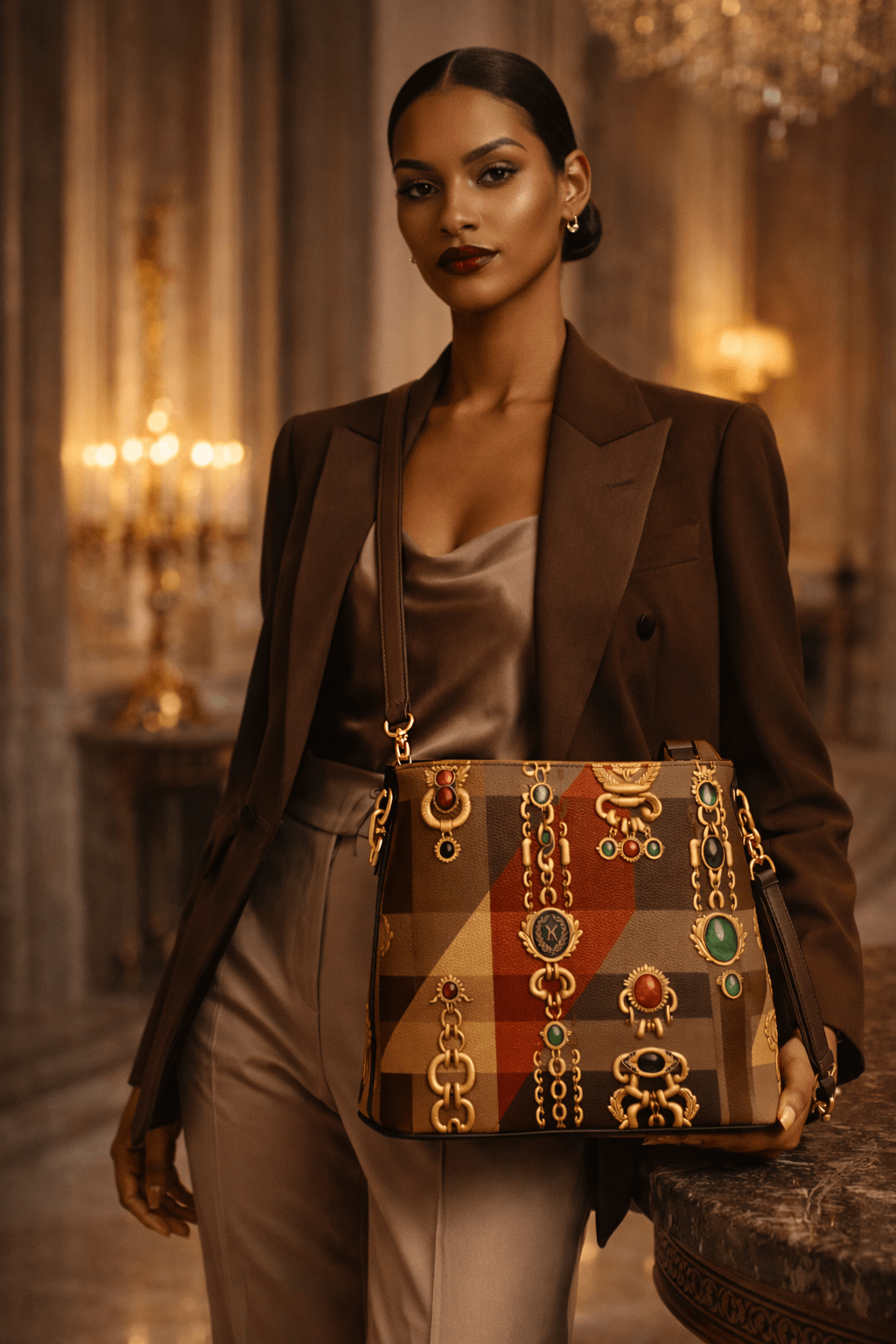Front view of designer statement bucket bag for women by Angelic Blessings in tartan pattern with baroque embellishments, styled for elegant occasions
