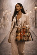 Angelic Blessings designer statement bucket bag for women in tartan pattern with gold chains front view with woman in beige suit
