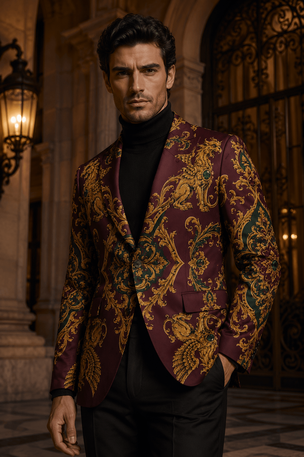 High-end men's fall 2026 outfit idea featuring a custom printed burgundy and gold statement blazer for autumn dinners.