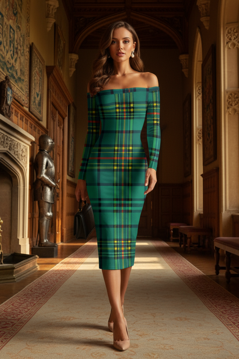Model wearing Dunnotar Tartan off shoulder dress in traditional green tartan pattern in elegant historic hallway