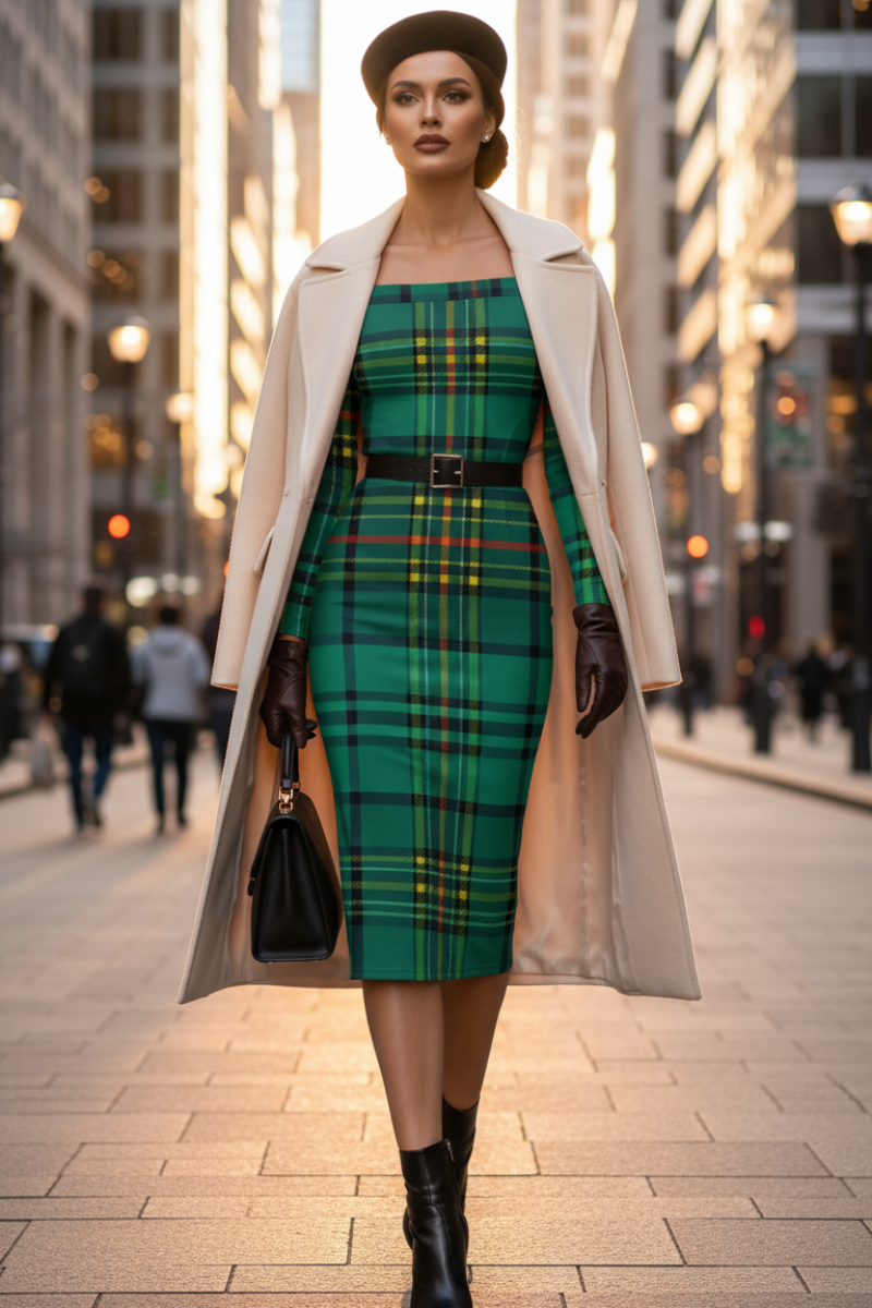Woman wearing Dunnotar Tartan off shoulder dress with black belt and beige coat walking in city street