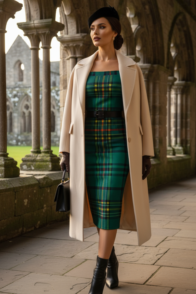 Woman wearing Dunnotar Tartan off shoulder dress with beige coat and black accessories walking in stone archway
