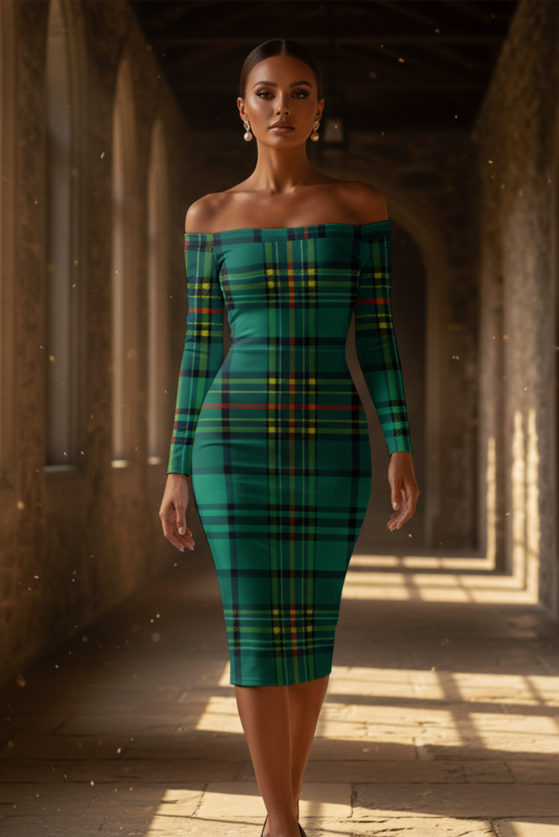 Woman wearing Dunnotar Tartan off shoulder dress in green and yellow plaid by Angelic Blessings Shop