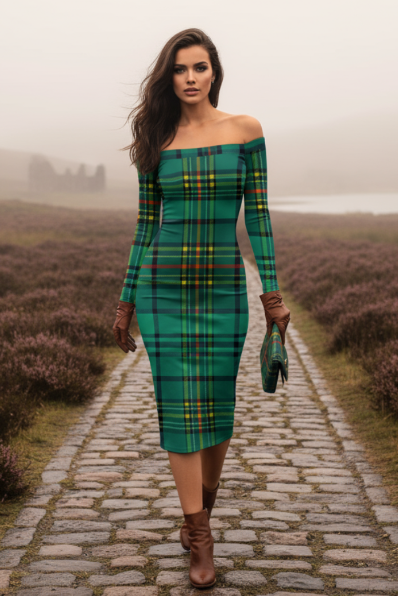 Model wearing Dunnotar Tartan off shoulder dress by Angelic Blessings Shop on a cobblestone path in scenic countryside