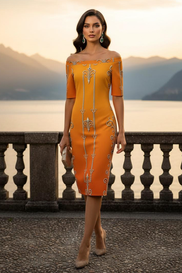 Dusty Orange Off The Shoulder Spring Midi Dress S-6XL elegant evening outfit perfect for spring