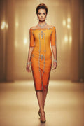Dusty Orange Off The Shoulder Spring Midi Dress -S-6XL Elegant Evening Outfit