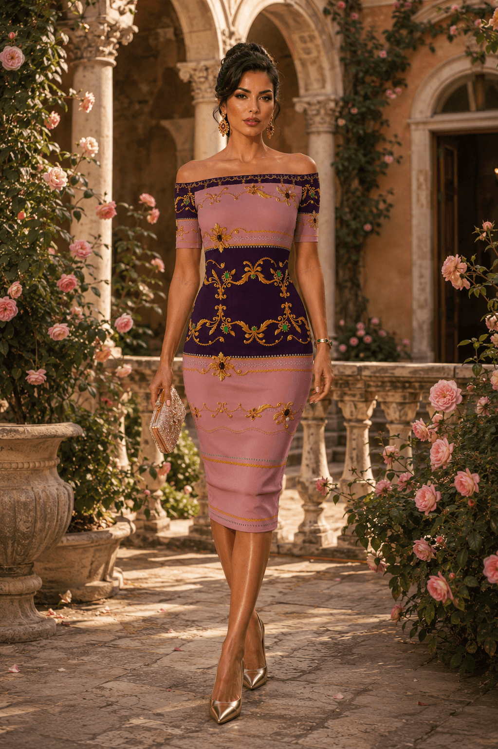 Dusty Blush Pink Off-The-Shoulder bodycon dress elegant evening outfit with floral details