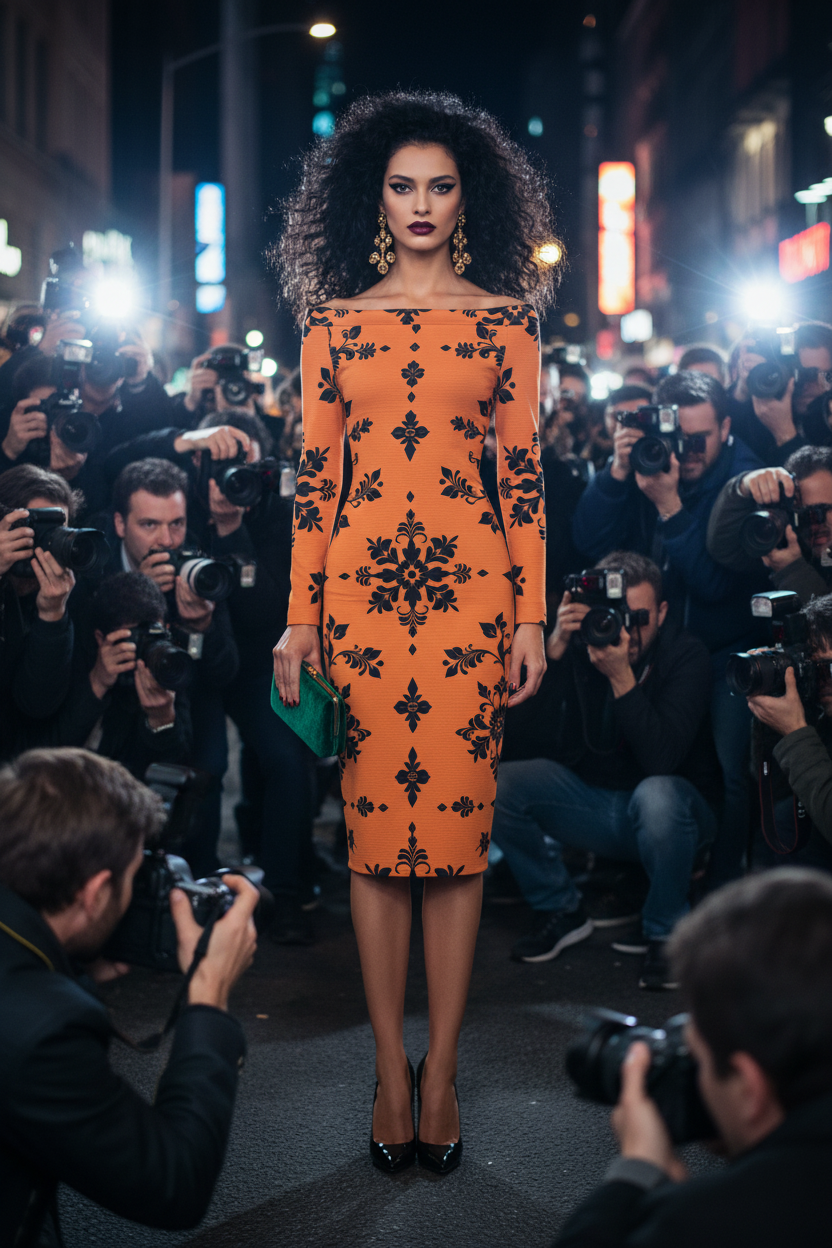 Dusty Orange Black Floral bodycon dress elegant evening outfit with long sleeves
