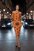 Dusty Orange Black Floral bodycon dress Elegant Off Shoulder Evening Outfit