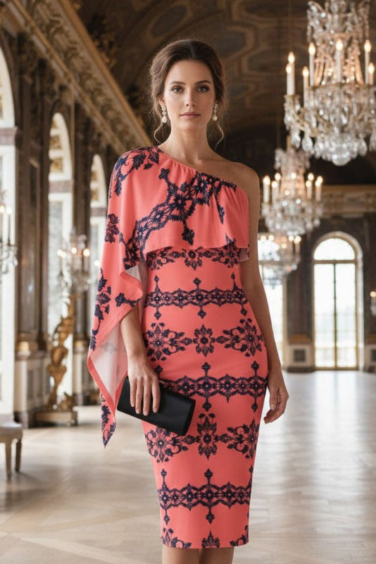 Woman wearing Dusty Rose One-Shoulder Midi Dress with Baroque Lace Design in elegant hall with chandeliers