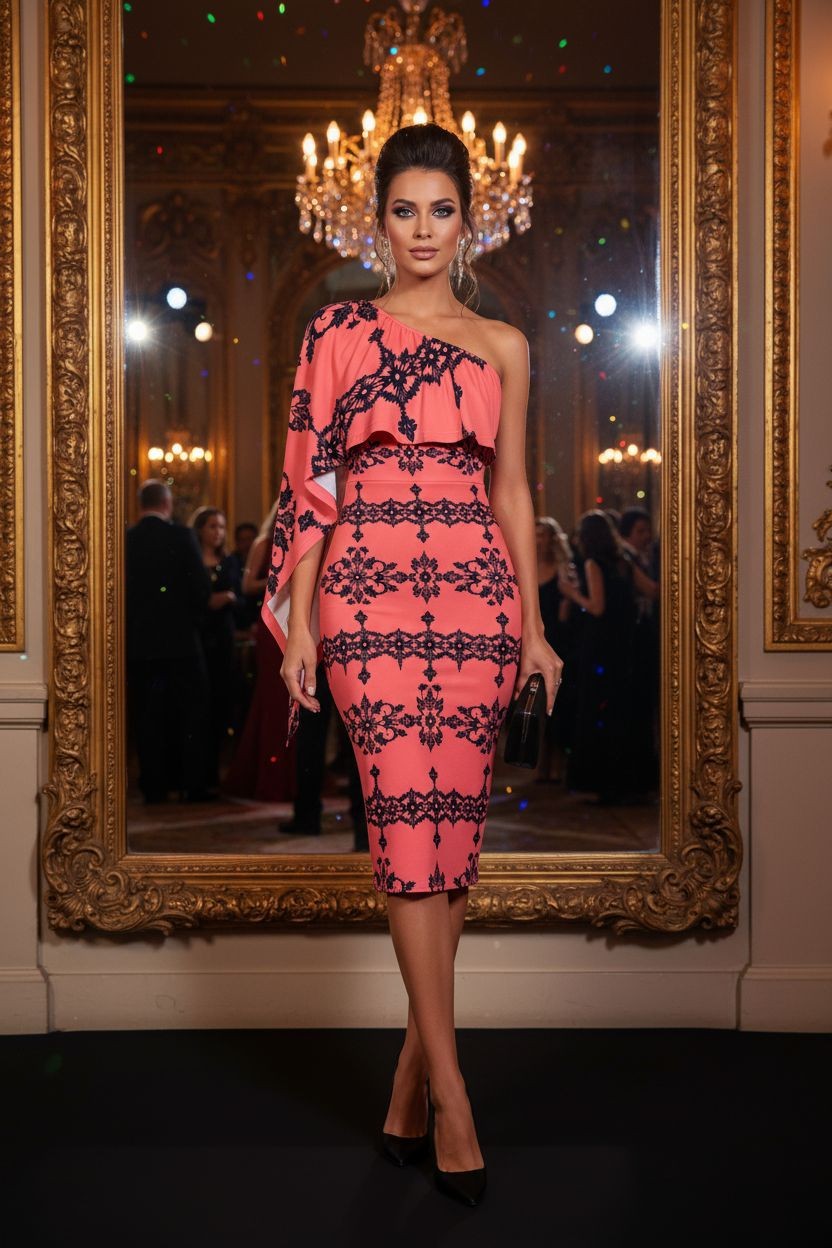Woman wearing Dusty Rose One-Shoulder Midi Dress with Baroque Lace Design at elegant event