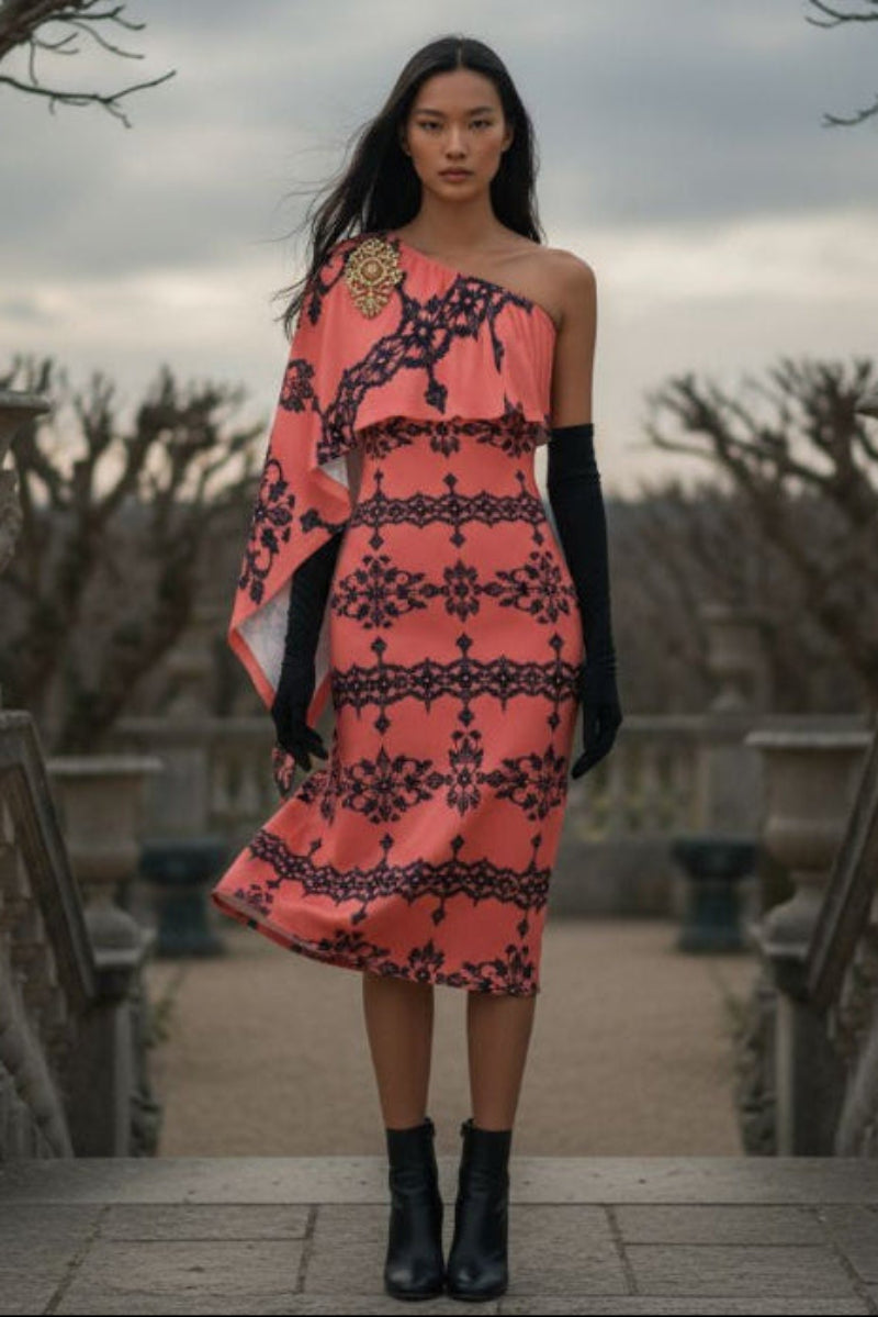Model wearing Dusty Rose One-Shoulder Midi Dress with Baroque Lace Design and black gloves outdoors