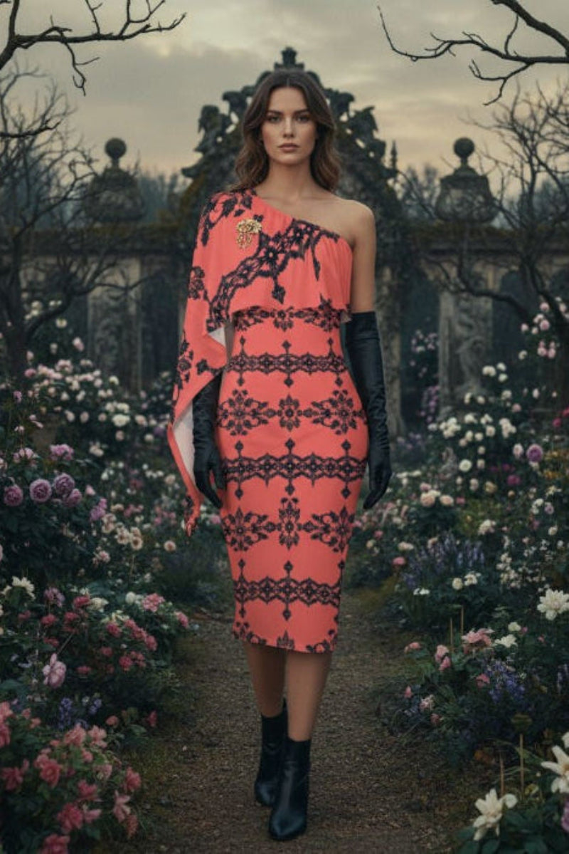 Dusty Rose One-Shoulder Midi Dress with Baroque Lace Design worn by woman in floral garden