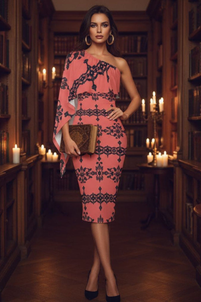 Woman wearing Dusty Rose One-Shoulder Midi Dress with Baroque Lace Design standing in a candlelit library