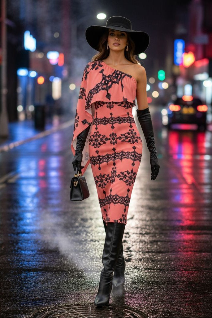 Model wearing Dusty Rose One-Shoulder Midi Dress with Baroque Lace Design in urban night setting