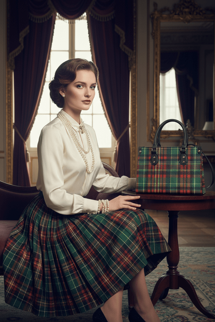 Eilean Donan Luxury Tartan Handbag Scottish Herritage Shoulder Bag Old money style on table next to woman in vintage outfit