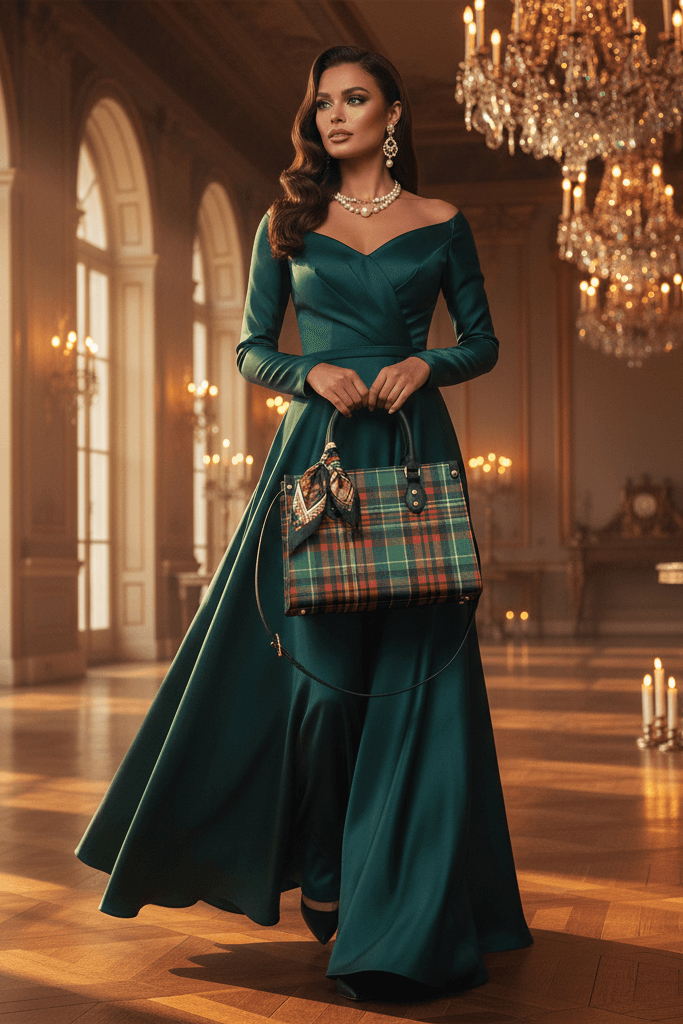 Elegant woman in green gown holding Eilean Donan Luxury Tartan Handbag Scottish Herritage Shoulder Bag Old money style