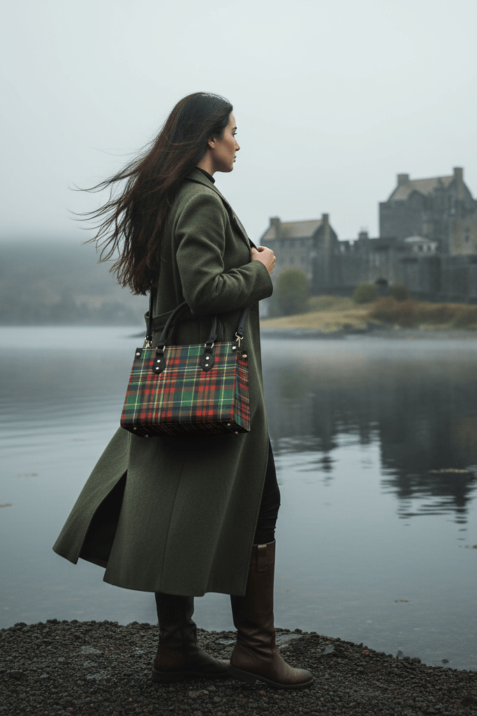 Woman standing by lake with castle in background carrying Eilean Donan Luxury Tartan Handbag Scottish Herritage Shoulder Bag Old money style