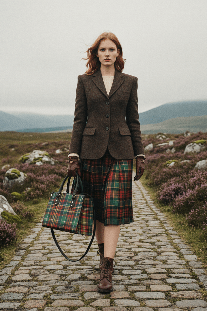 Woman carrying Eilean Donan Luxury Tartan Handbag Scottish Herritage Shoulder Bag Old money style on a cobblestone path in the countryside