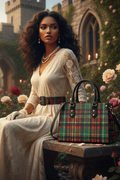 Eilean Donan Luxury Tartan Handbag Scottish Herritage Shoulder Bag Old money style displayed on stone bench in historic garden setting