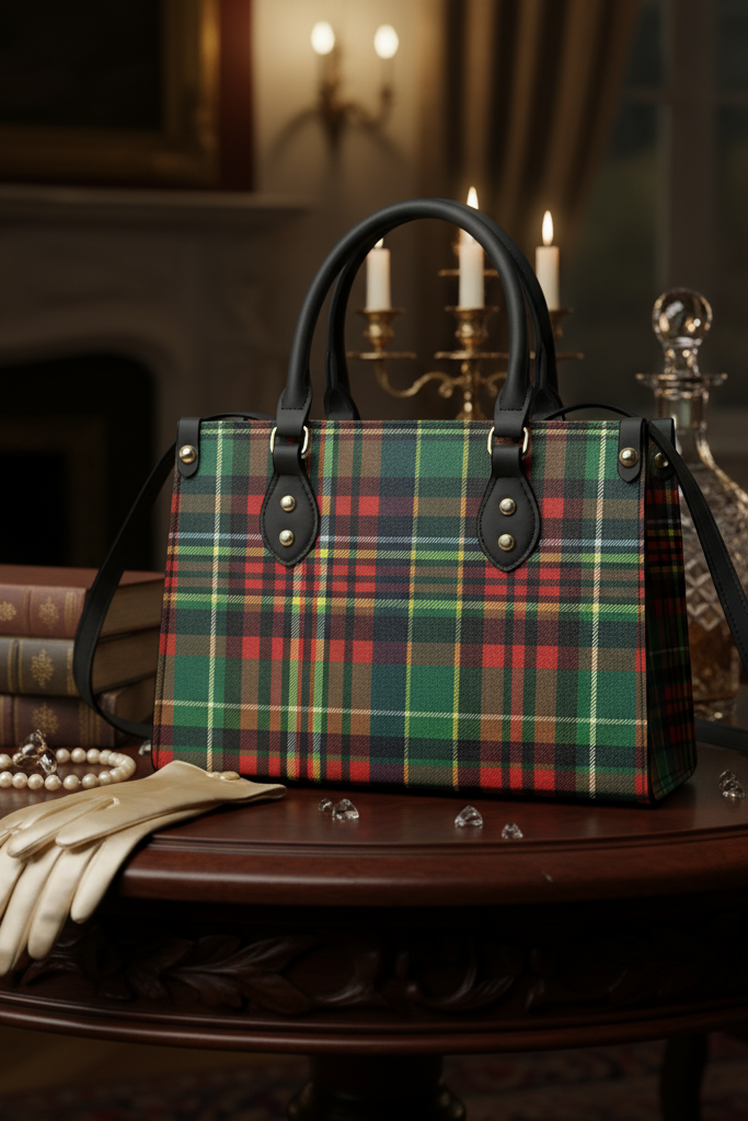 Eilean Donan Luxury Tartan Handbag Scottish Herritage Shoulder Bag Old money style displayed on wooden table with gloves and pearls