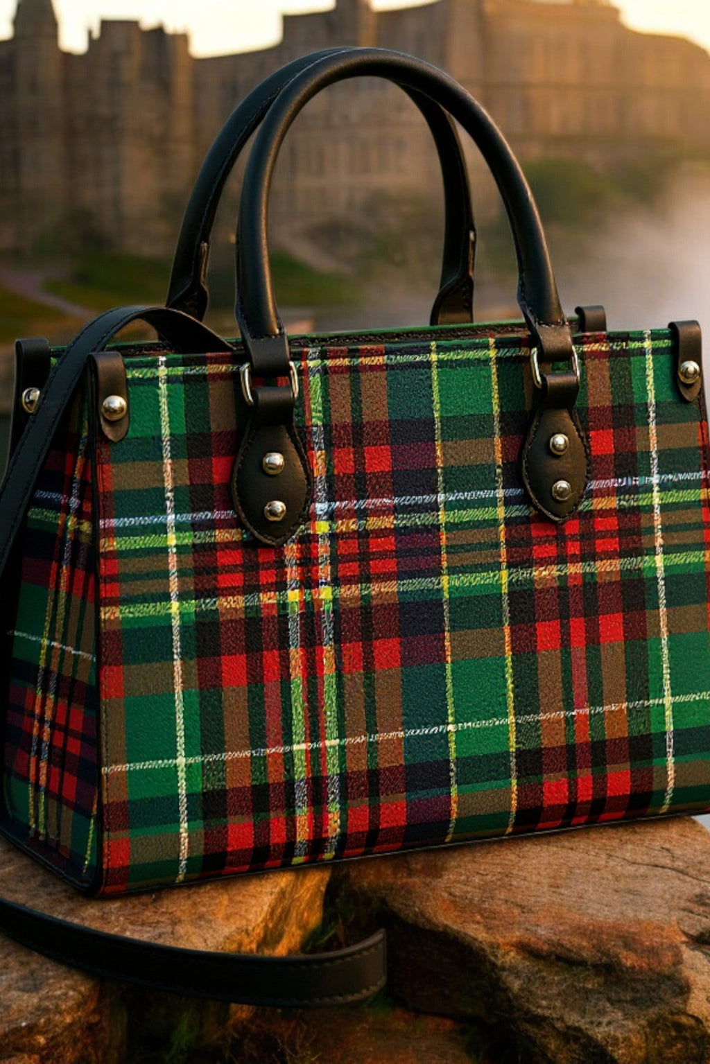 Eilean Donan Luxury Tartan Handbag Scottish Herritage Shoulder Bag Old money style with green red tartan pattern and black handles