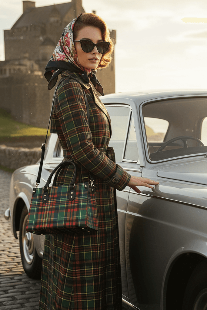 Eilean Donan Luxury Tartan Handbag Scottish Herritage Shoulder Bag Old money style worn by woman in tartan coat by vintage car