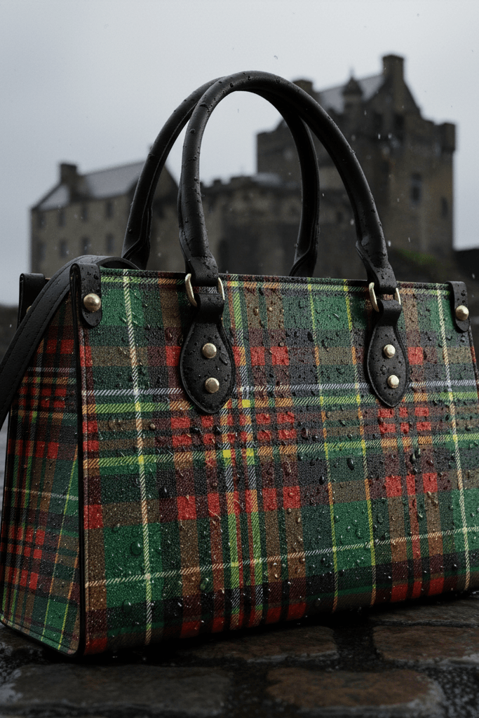 Eilean Donan Luxury Tartan Handbag Scottish Herritage Shoulder Bag Old money style displayed on wet cobblestone with castle background