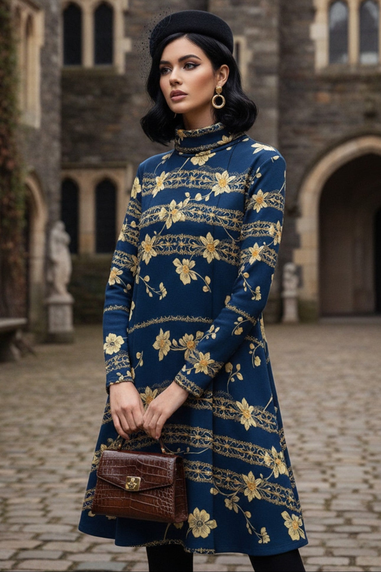 Navy blue floral high neck dress by Angelic Blessings Shop worn with black beret and brown handbag outdoors