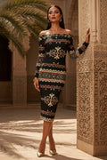 Elegant off-shoulder midi dress by Angelic Blessings Shop featuring intricate patterns and long sleeves