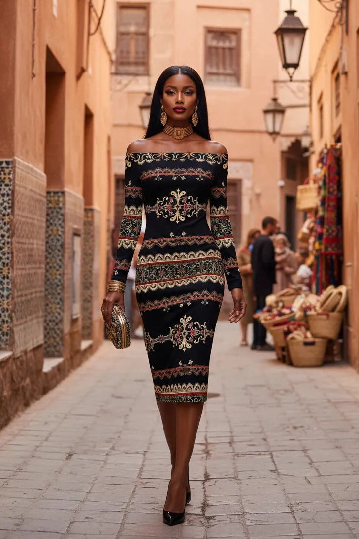 Elegant off-shoulder midi dress with intricate patterns worn by a woman walking in a market alley