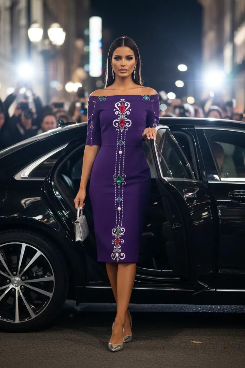 Elegant Royal Purple Baroque Off-Shoulder Wrap Dress Evening Outfit with Embellished Design