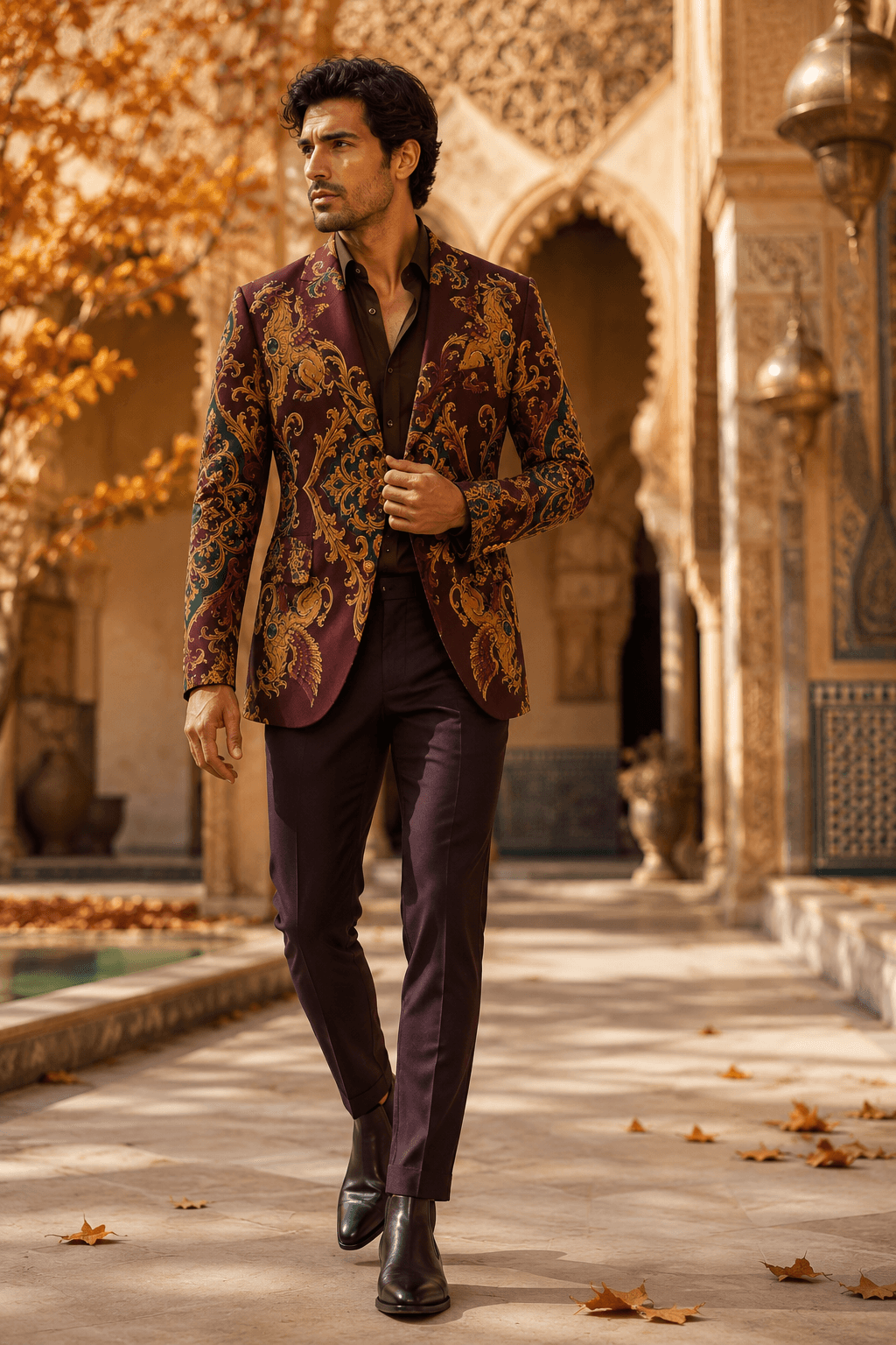 Creative and elevated stylish work attire featuring a regular fit patterned cotton blazer for expressive contemporary menswear.