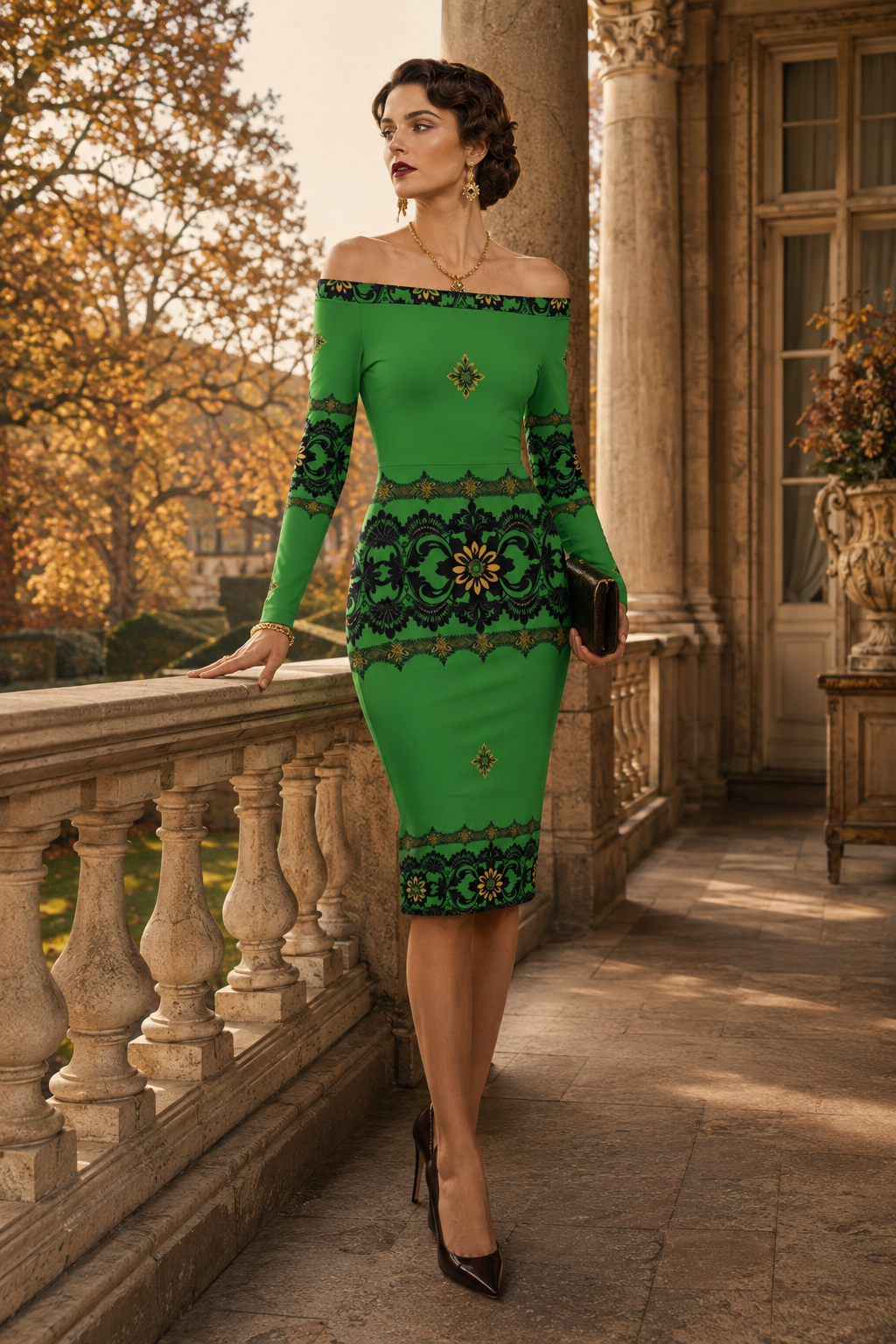 Emerald Lace Off the Shoulder Bodycon Dress Elegant Evening Outfit with Long Sleeves