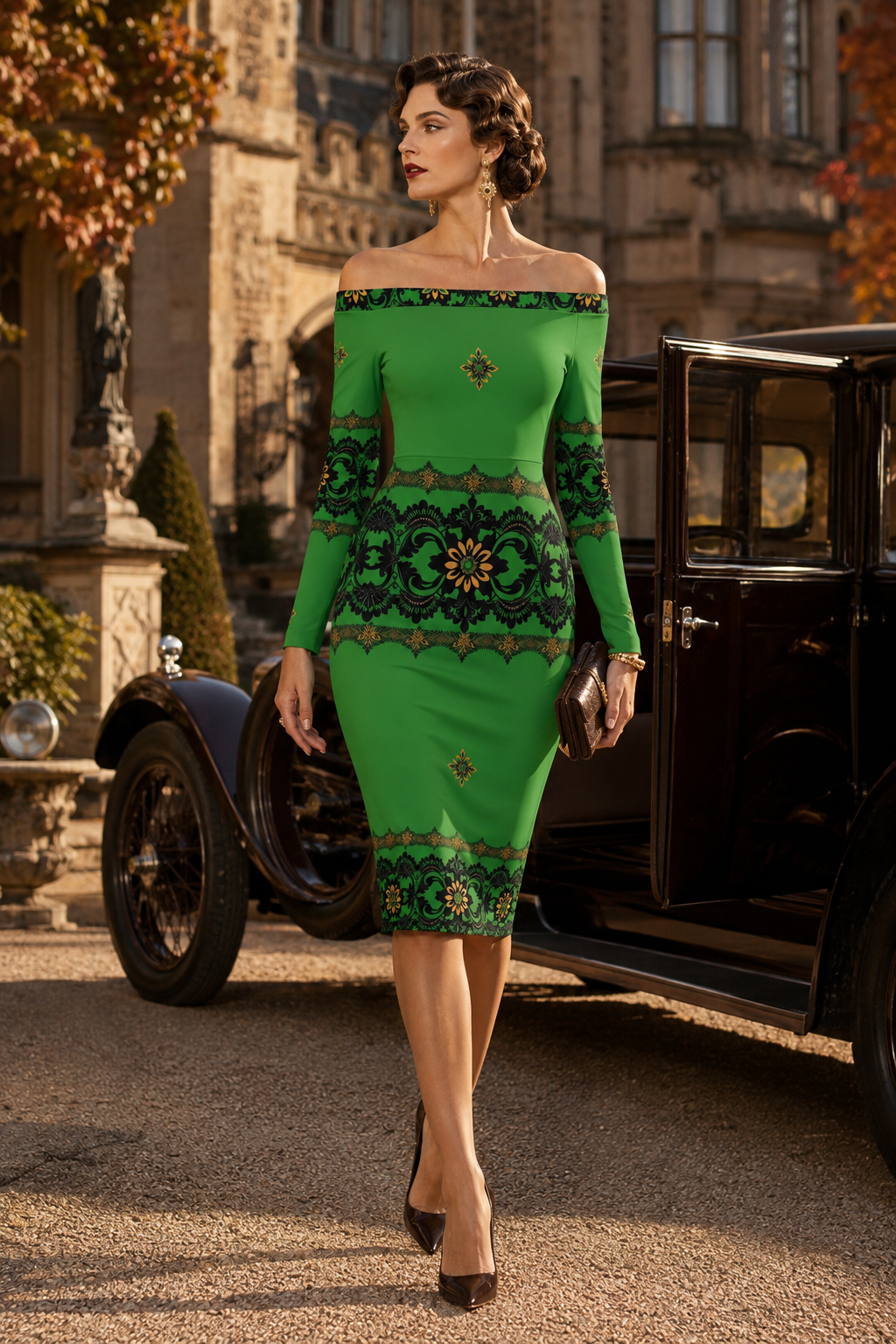 Emerald Baroque Lace Off the Shoulder Bodycon elegant evening outfit dress