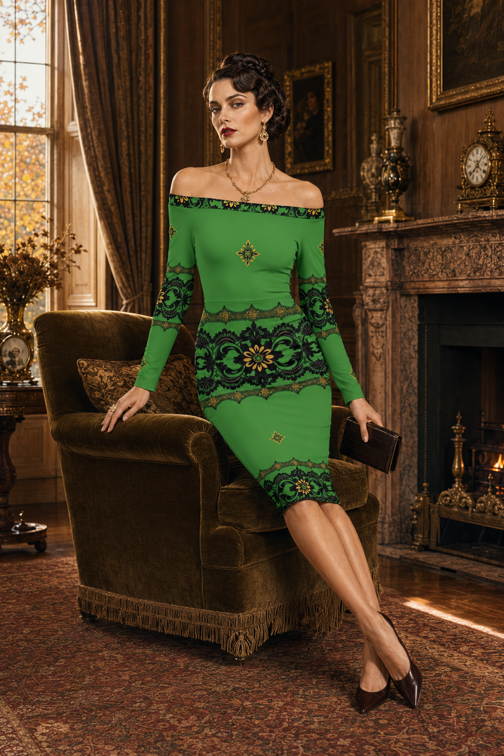 Emerald Lace Off the Shoulder Bodycon Elegant Evening Outfit with Long Sleeves