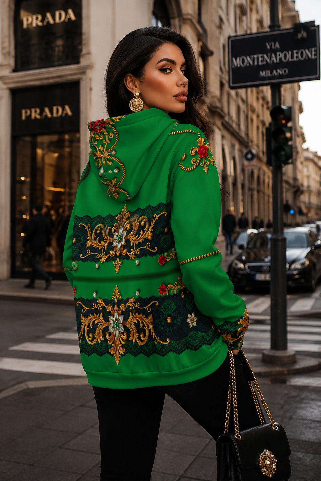 Emerald Green & Gold Baroque women's hoodie Elegant outfit for evening fashion