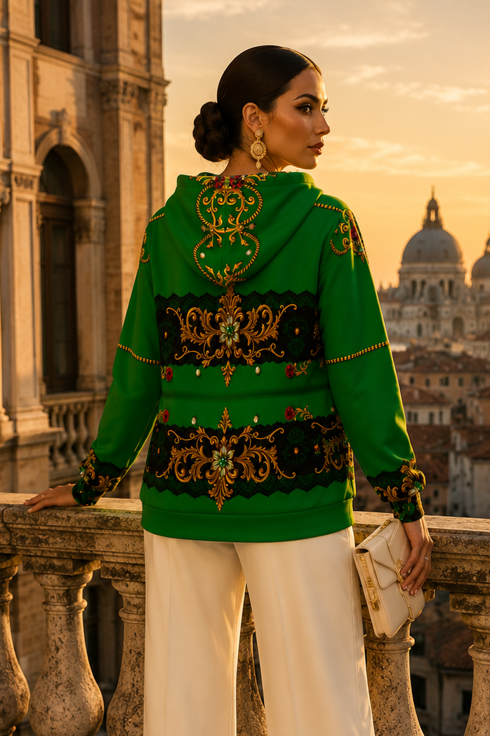 Emerald Green & Gold Baroque Women's Hoodie Elegant Evening Outfit Stylish Look